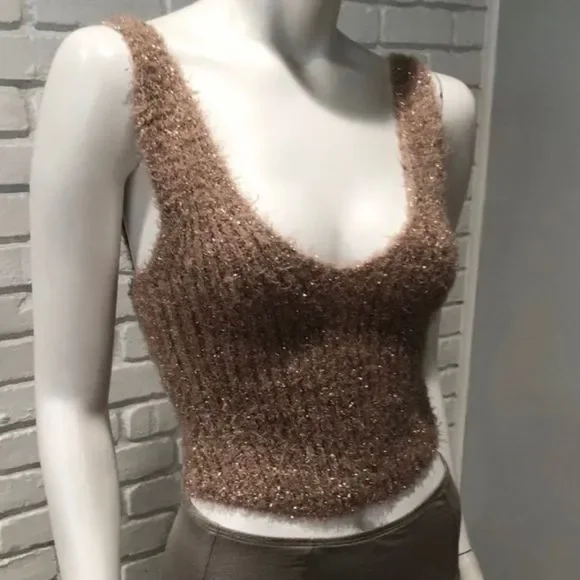 FUZZY BEIGE & TAN CROPPED GOLD METALLIC TANK SWEATER NWT - Picture 10 of 11